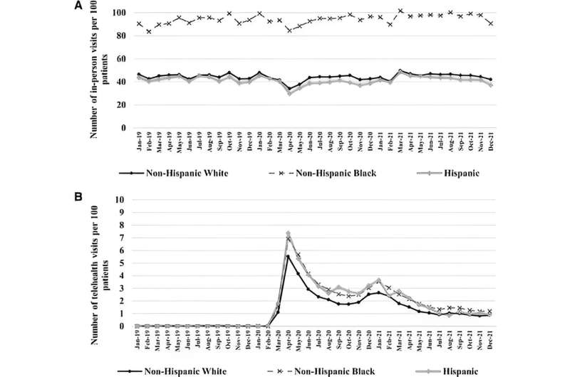 The numbers of hypertension-related telehealth and in-person outpatient visits per 100 persons by race and ethnicity, MarketScan Medicaid Database, 2019–2021. (A) Number of in-person outpatient visits per 100 persons. (B) Number of telehealth visits per 100 persons. (114,445 non-Hispanic White, 80,692 non-Hispanic Black, and 3,924 Hispanic adults). Credit: Telemedicine and e-Health (2024). DOI: 10.1089/tmj.2023.0516